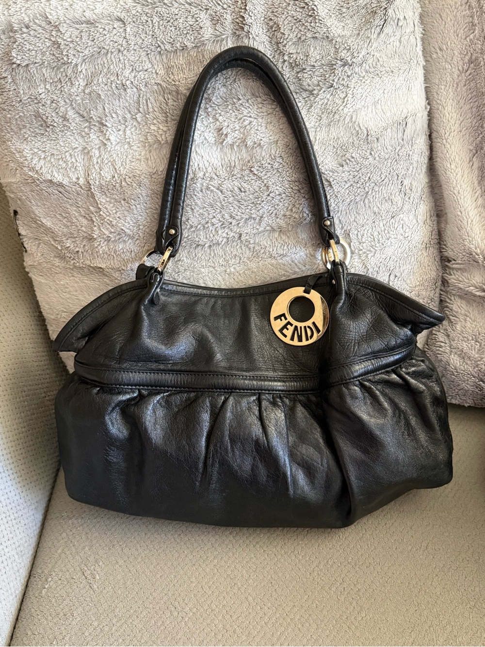 Fendi Black Leather Pleated Shoulder Bag with Gold Charm
